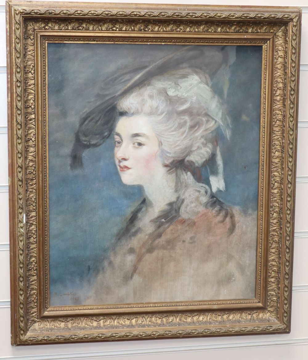 M. Loufte (After Gainsborough), oil on canvas board, Head and shoulder portrait of a lady wearing a broad brimmed hat, signed and dated